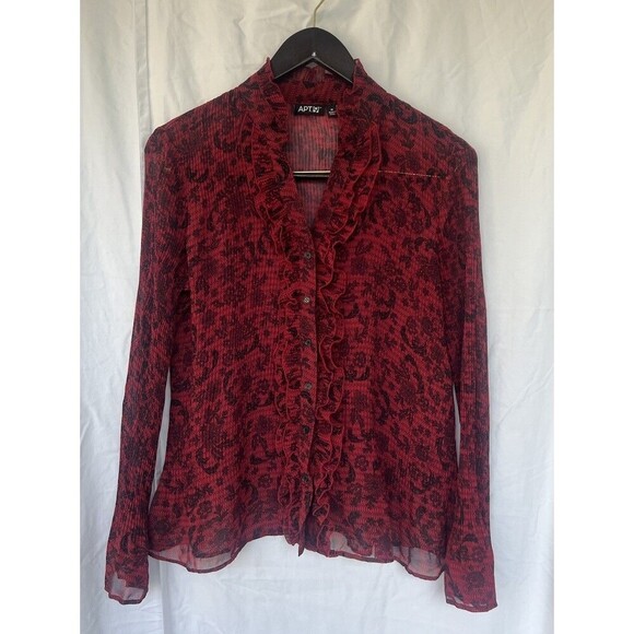 Apt. 9 Red Sheer Mesh Button Up Blouse M Floral Bell Sleeve Ruffle Whimsygoth - Picture 1 of 6